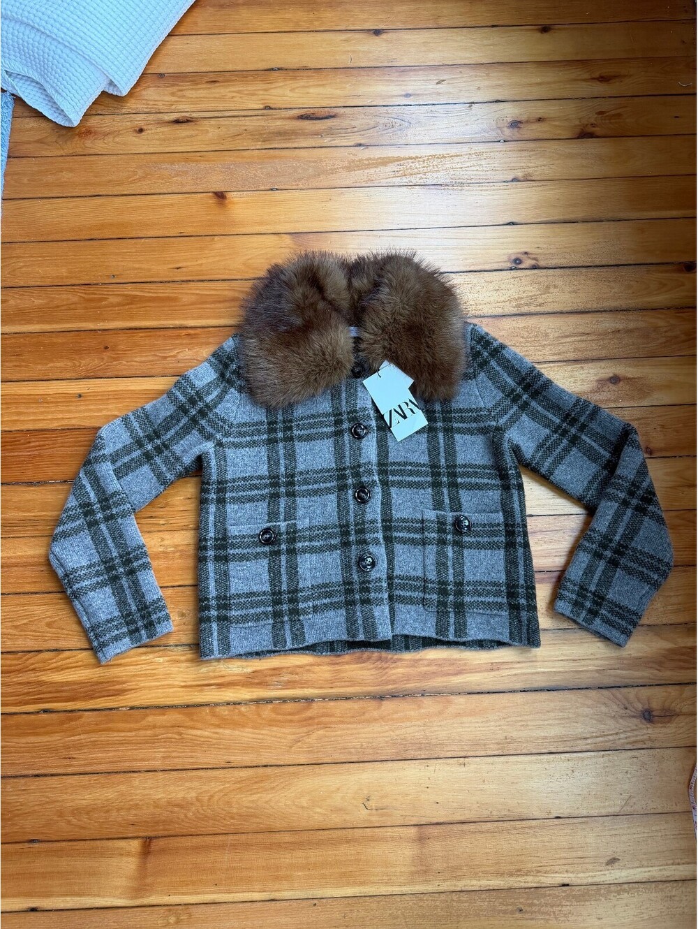 Zara grey check jacket with detachable brown faux fur collar 2893/201  NWT SMALL